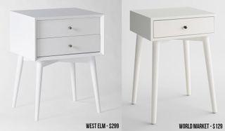 West Elm ($299) and World Market ($129) nightstands side by side