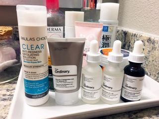 Skincare products from Paula's Choice and The Ordinary